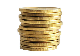 Stack of shiny golden coins, piled high, with visible milling on the edges, isolated on a transparent background, PNG image, PNG file.