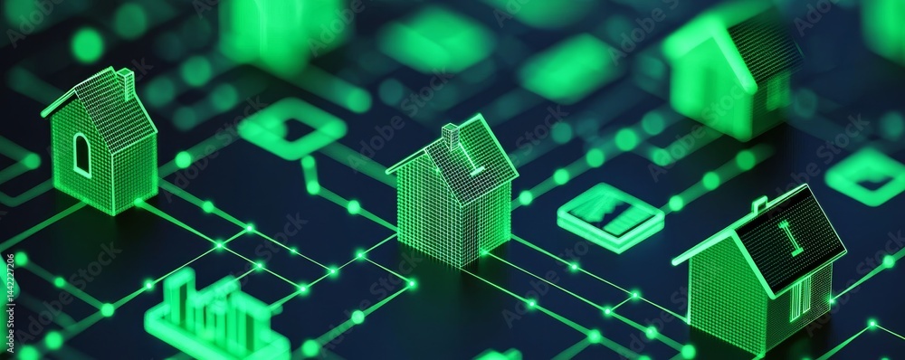 Poster digital representation of smart homes on a network grid.