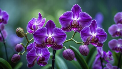 Naklejka premium Pictures of orchid plants, some with flowers in bloom and others not, featuring beautiful purple flowers perfect for decorating your home or room