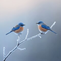 Fototapeta premium Bluebirds on frosty branch