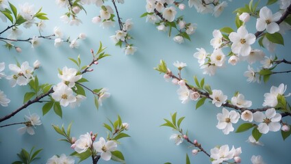 Cherry blossom trees in spring featuring white flowers on a pastel backdrop