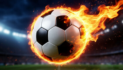 A black and white soccer ball is depicted with dynamic flames surrounding it, creating an intense and energetic effect. 
