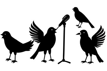 set of Bird Singing in mic vector silhouette illustration isolated on white background