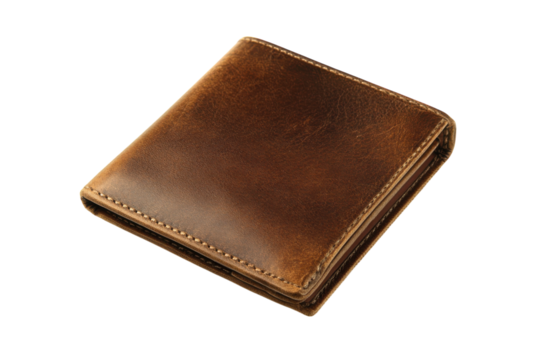 Rustic brown leather wallet vintage style handcrafted feel on white background detailed stitching
