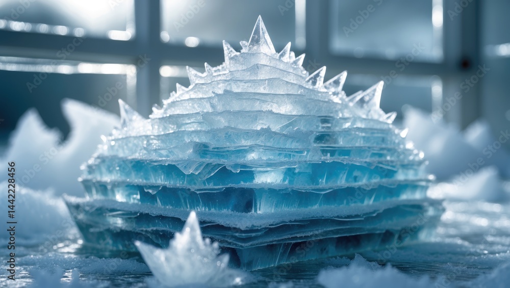 Poster frigid texture. ice crystals on a window creating frozen patterns. close-up shot revealing the detai