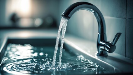 Faucet with moving water and blurry background