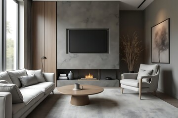 Modern Living Room with Concrete Fireplace and Contemporary Furniture Interior Design                                                                 