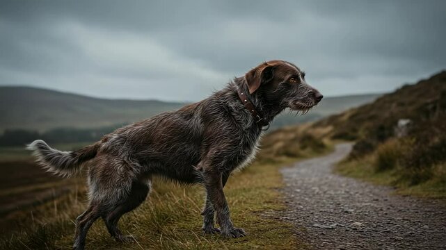 A brown dog stands alert on a grassy path in a scenic landscape, with rolling hills under a cloudy sky - huntaway dogs
