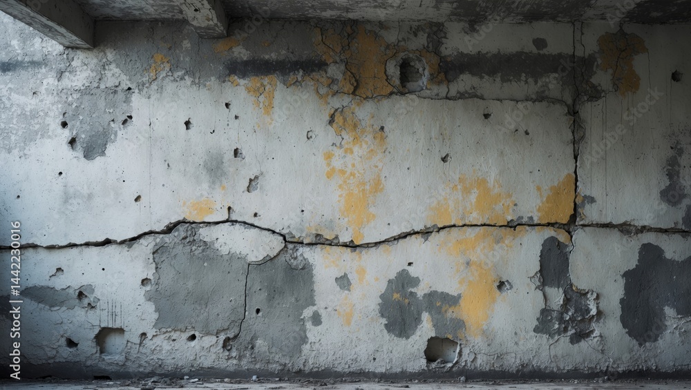 Poster faded white-colored cement wall with a weathered, cracked, and textured pattern serving as a detaile