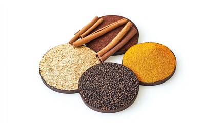 Colorful Spice Set in Circular Arrangement: Cinnamon, Ground Black Pepper, Turmeric Powder, Mexican Taco Seasoning, and Garam Masala, Isolated on White with Clipping Path