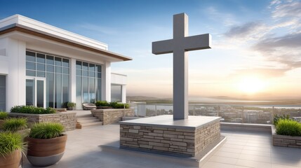Modern rooftop terrace with a large stone cross, overlooking a scenic sunset view and surrounded by potted plants.