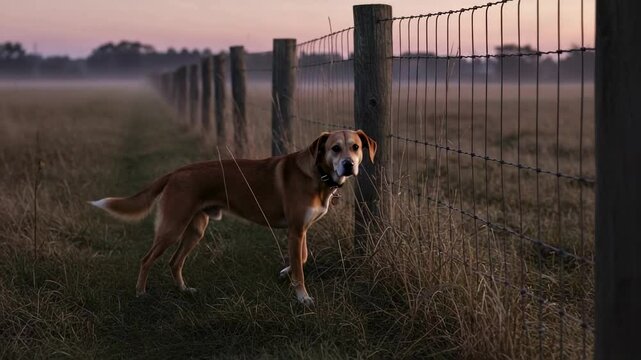 A brown dog standing near a fence in a misty field at sunset, evoking a sense of calm and tranquility - huntaway dogs