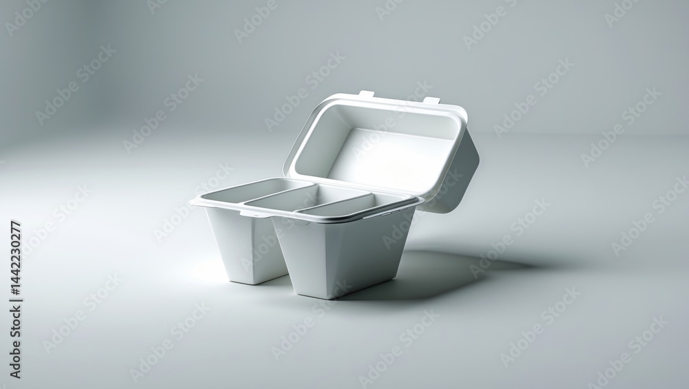 Poster Empty styrofoam food box set against a background