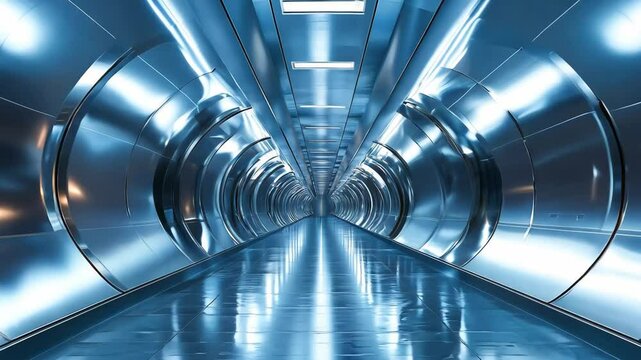 Futuristic spaceship corridor tunnel with reflective metallic surfaces and endless perspective science fiction.