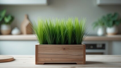 Wooden box with decorative greens in the kitchen.