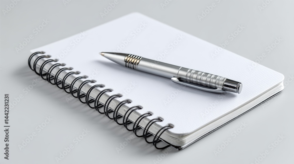 Poster a simple white notebook with a pen on a white isolated background, clean and minimal design