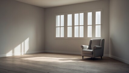 Deserted lounge area showcasing a vintage single sofa and four white aluminum window frames on a wooden floor