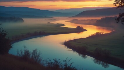 Obraz premium Sunrise above the lake with mist-covered hills, placid waters, and golden hues brightening the skyline. Tranquil natural beauty ideal for travel and landscape themes.