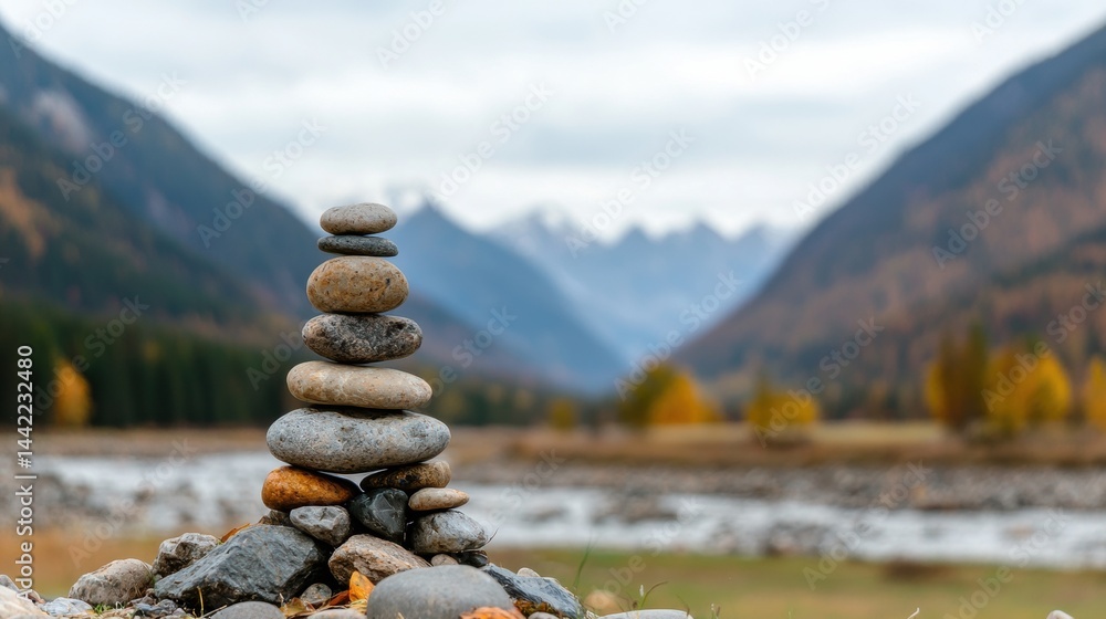 Poster a stack of rocks in the foreground with a mountain range in the background.