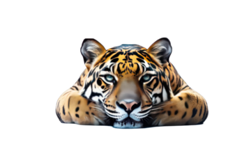 Relaxed tiger portrait  Close-up of a majestic,  laid-back tiger  Intense gaze  Detailed fur patterns  Peaceful demeanor