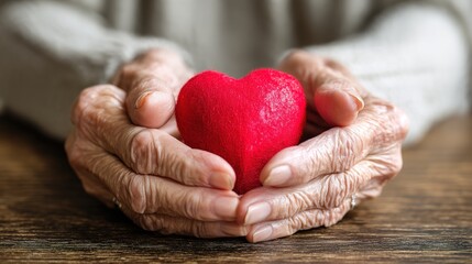 Elderly senior person or grandparent's hands with red heart in support of nursing family caregiver for national hospice palliative care and family caregivers month concept