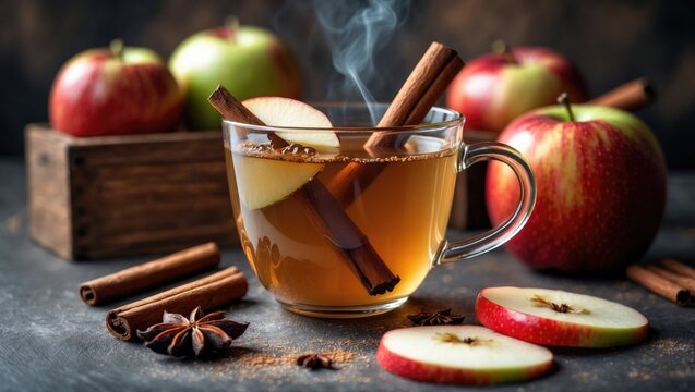 Apple slices in hot cider with cinnamon sticks and star anise.