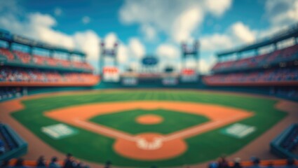A stadium's vibrant panoramic scene just before the game, with a blurred background showcasing the pristine field and fans in eager anticipation.