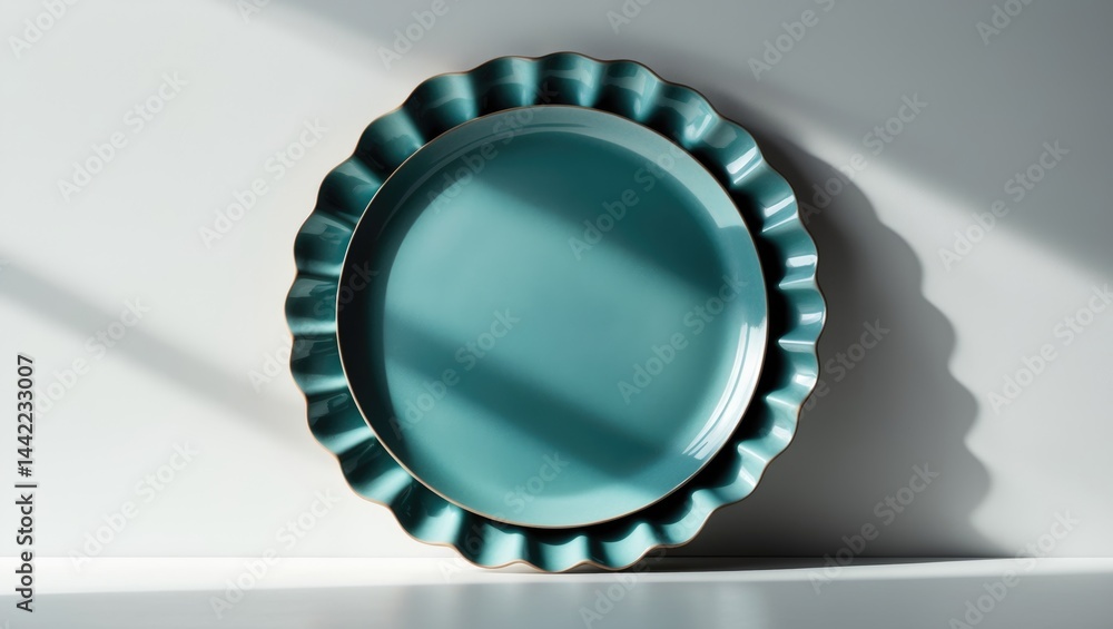 Poster side view of a blue plate featuring a wavy edge and frilled design isolated on background