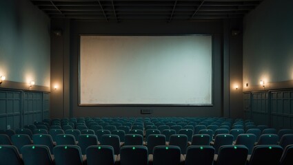 Desolate blue cinema space with a white screen and chairs. Side view