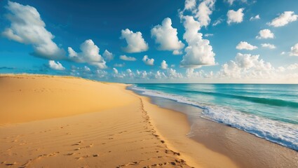 Relaxing natural beach backdrop with golden sands and a clear blue sky dotted with white clouds