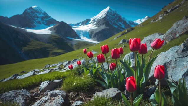 Springtime mountain landscape featuring beautiful red wild tulips, snowy summits, and a bright blue sky, ideal for outdoor adventures