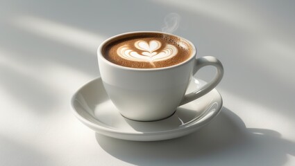 Fototapeta premium Hot coffee cappuccino latte art displayed on a neutral background.