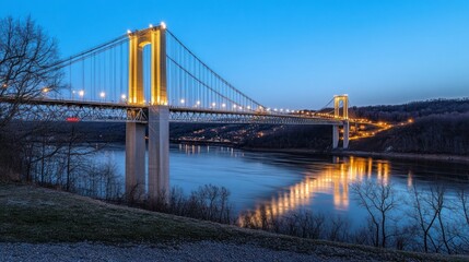 Fototapeta premium A suspension bridge illuminated during the blue hours of twilight