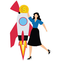 Businesswoman investor put money coin into innovative rocket to launch new business