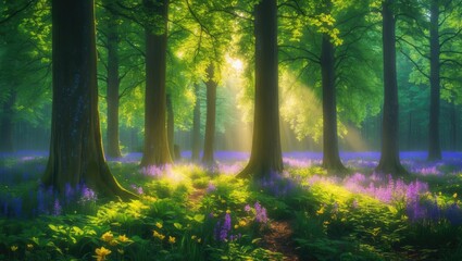 Obraz premium The beauty of morning light filtering through the crisp air and verdant beech trees in a forest known for its vibrant bluebell flowers in spring