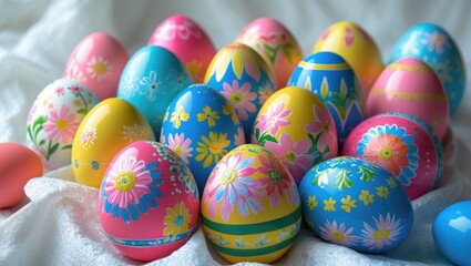 Overhead perspective of a background with hand-painted multicolored eggs.