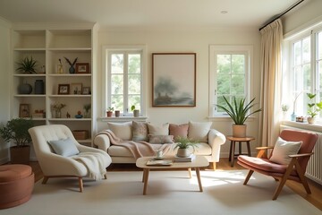 Bright, Elegant Living Room with Natural Light: Sofa, Armchair, and Built-in Shelves Create a Serene and Welcoming Interior                           
