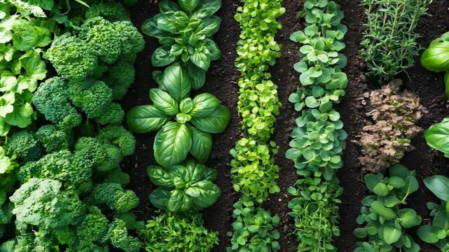 Fresh Green Herb Garden Rows Perfect for Healthy Food Backgrounds