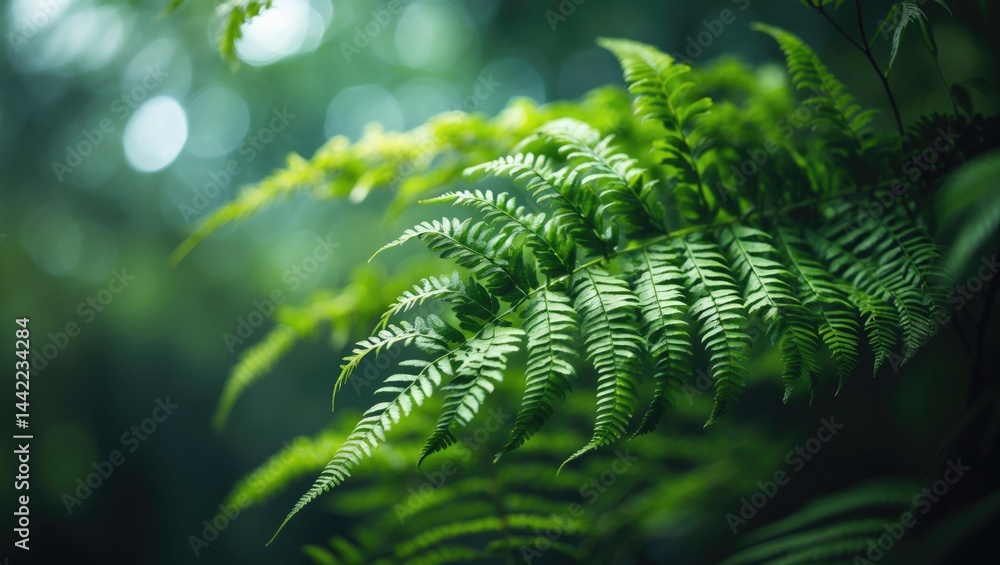 Poster Foliage of ferns in green. A concept from botany. Exotic tropical ferns shown in shallow depth. Flawless natural fern texture. Gorgeous background formed by young green fern leaves.