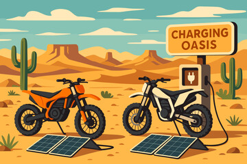 Fototapeta premium The adventure-tech scene is depicted as flat, featuring bikes, solar blankets, and a horizon with dunes