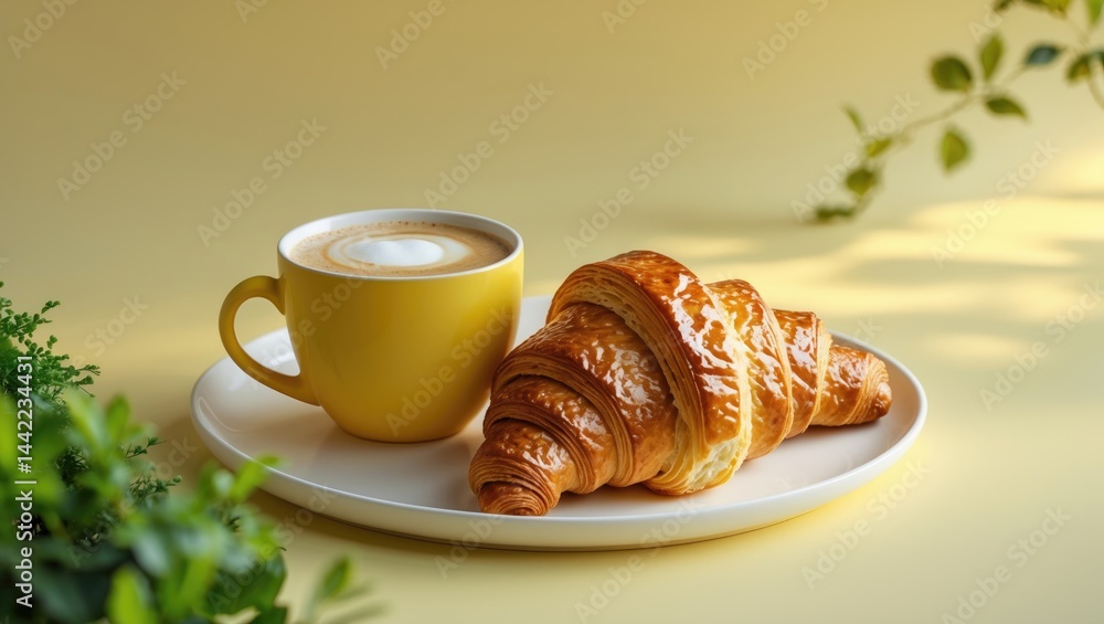 Poster overhead shot of a coffee cup and a fresh croissant presented on a plate with shadow effects. creati