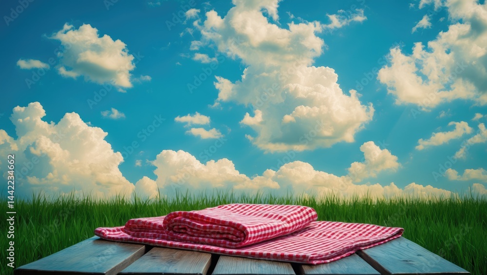 Poster red tablecloth on an empty table against a summer sky with clouds for product showcase montage