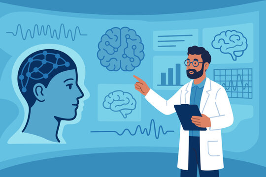 The scene depicted a flat neuro-tech setting complete with an electrodes chart, a blue glow, and an audience