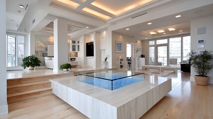 Fototapeta premium Modern Luxury Living Room Interior Design with Glass Fire Feature and Light Wood Flooring