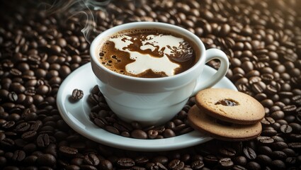 Obraz premium Hot coffee drink still life photograph with accompanying map