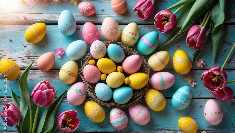 Poster handcrafted colorful eggs on a lively background. concept of celebration. easter eggs with text spac