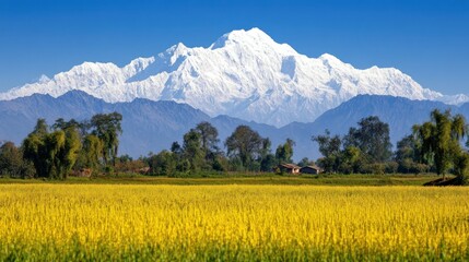 Fototapeta premium Majestic snow covered mountain dominates a vibrant yellow field scene