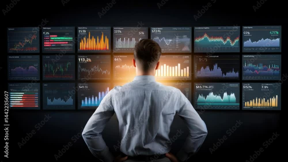 Poster data analyst's focus: a data analyst stands before a wall of dynamic displays, charting and analyzin
