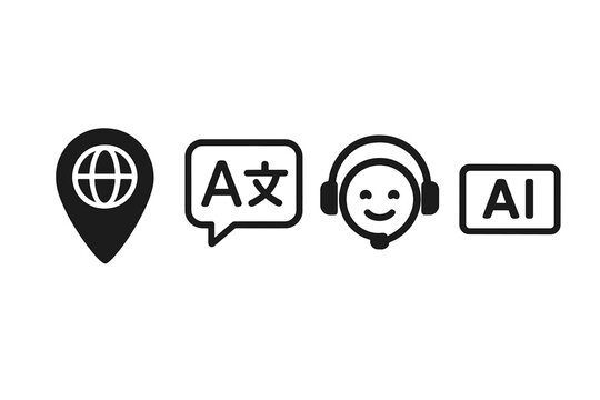 Multilingual symbols are being merged to create a unified representation of location, language, assistance, and automatic text