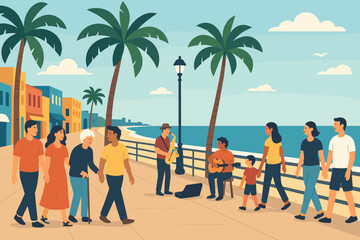 A coastal cityscape emphasizing recreation and vibrant ambiance